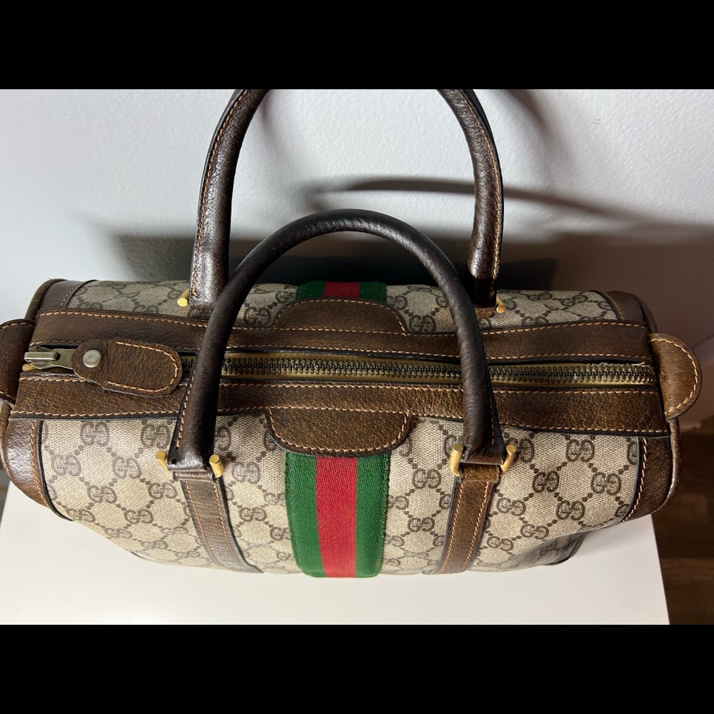 Vintage GUCCI Mini Boston Handbag Sherry Line Canvas Leather 32*21.5*17 - Picture 4 of 15